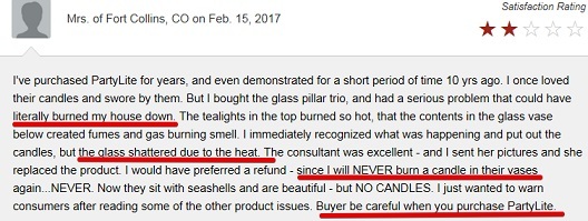 Customer complains about partylite candle causing burning