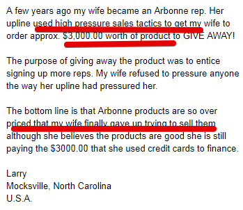 Arbonne customer complaints- pressurized into selling products