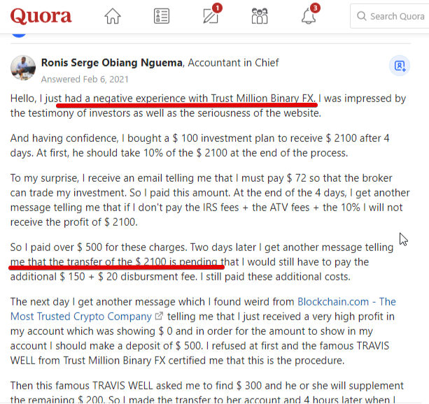 Trust million binary is a scam as they have lots of complaints on quora.com