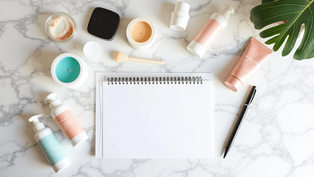 Flat lay of assorted cosmetic and skincare products with a notepad and pen on a marble background.