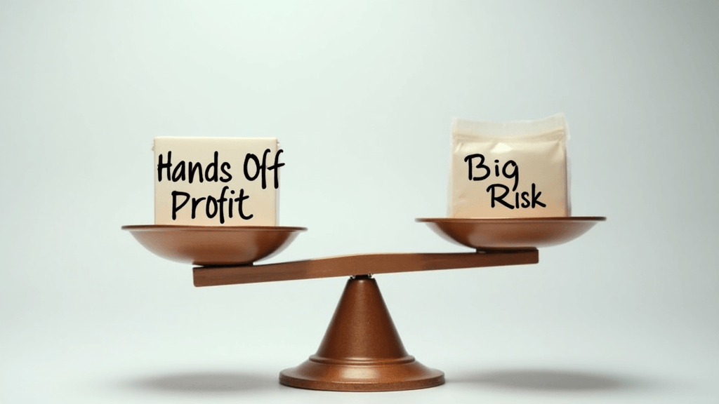 A balance scale comparing 'Hands-Off Profit' and 'Big Risk' with ecommerce platform logos