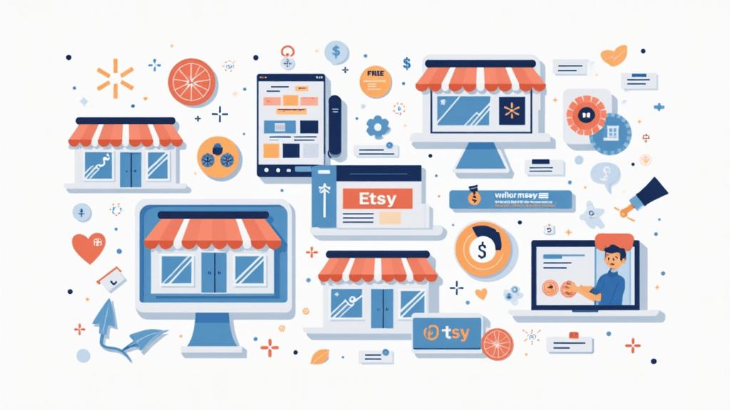 A collage of ecommerce marketplaces like TikTok Shop, Etsy, and Walmart with digital storefronts and money icons