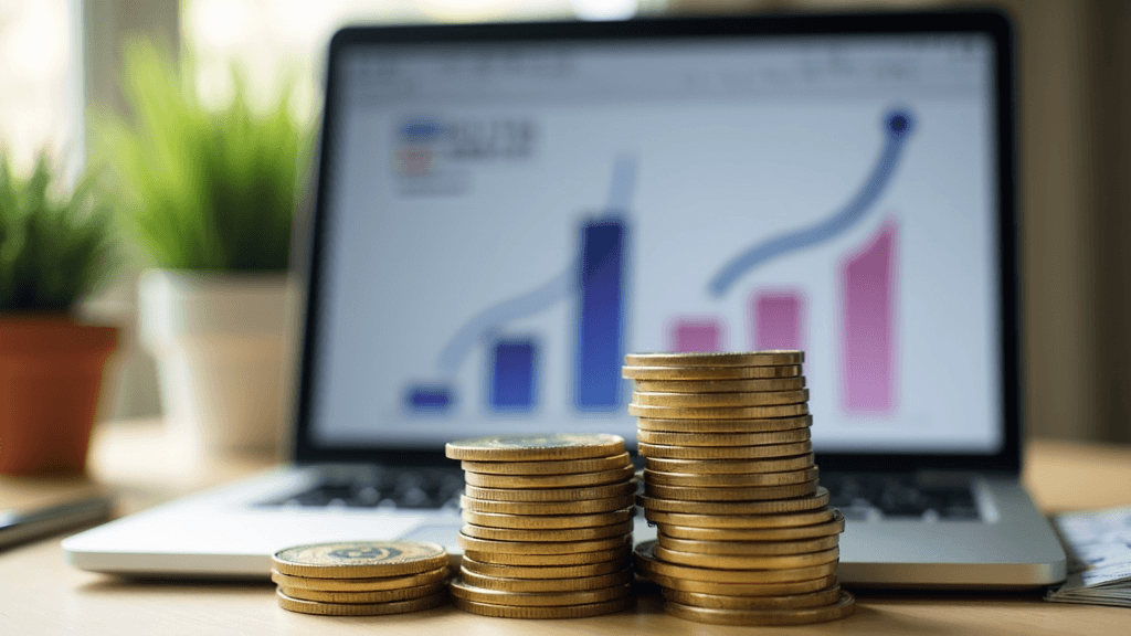 Stacks of money next to a laptop with graphs showing ecommerce sales growth