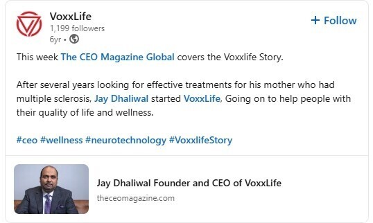 This image shows that Jay Dhaliwal is the founder and ceo of Voxxlife