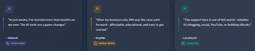 This image shows more Wealthy Affiliate testimonials