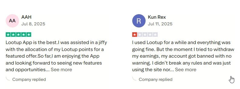 These are Lootup.me review tetsimonials from Trustpilot