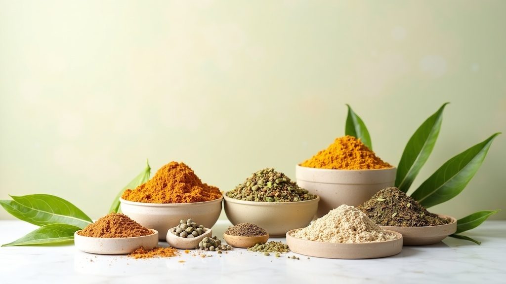 Display of different herbal and Ayurvedic health products on a clean background, containers with natural herbs and powders clearly visible.