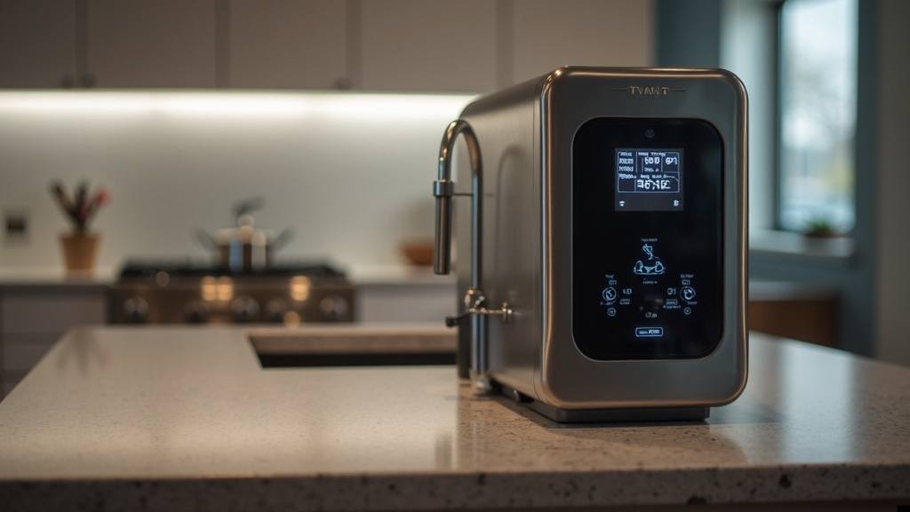 Photo of Tyent ACE-13 countertop water ionizer on a kitchen counter, sleek with digital touch screen and brushed metal finish