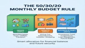 This is the monthly budget 50/30/20 rule for budgeting featured image